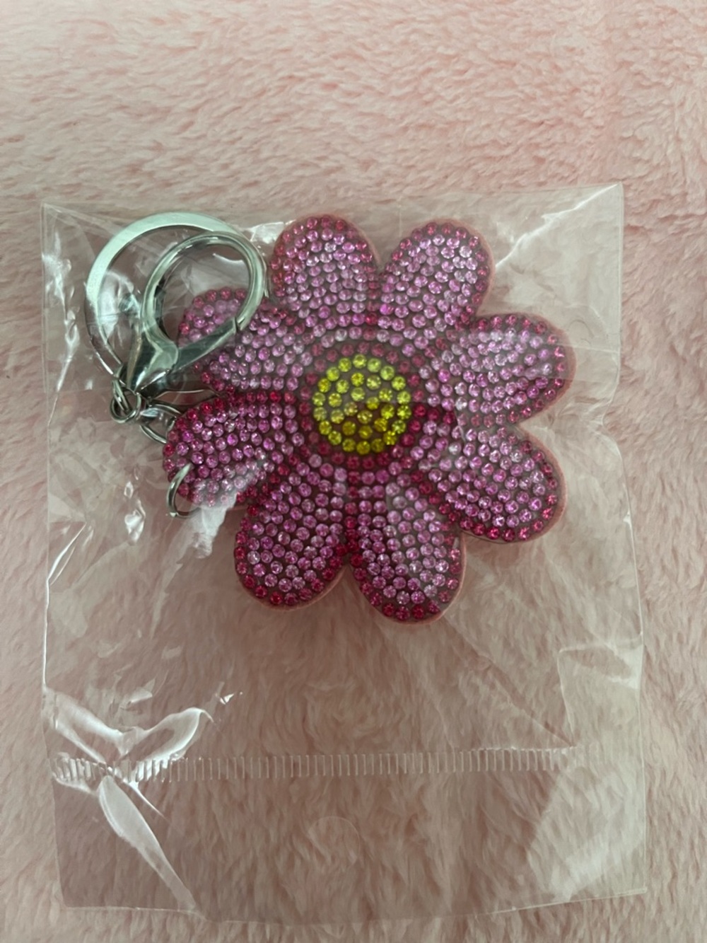 Pink Rhinestone Flower Keychain with Yellow Center